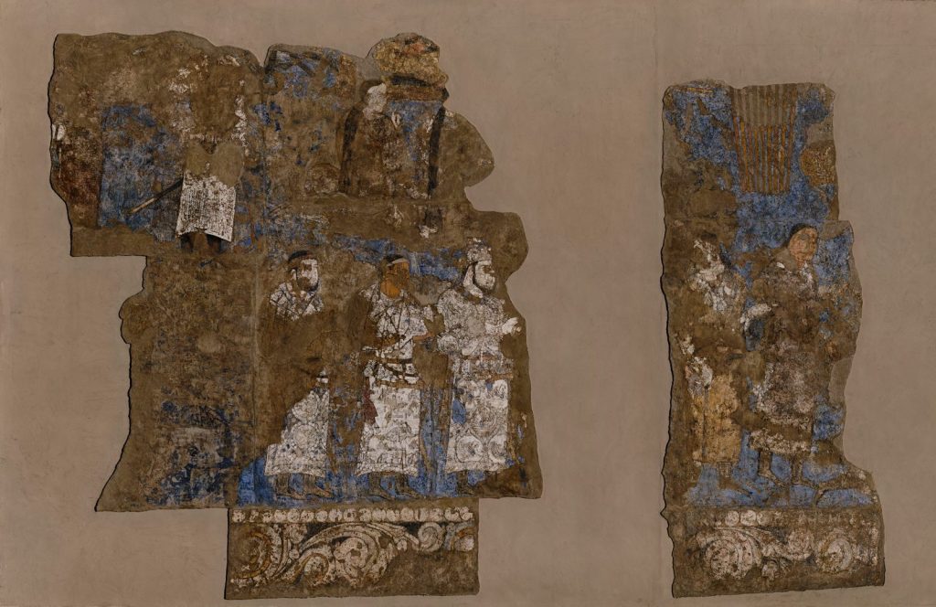 Fig. 4. West Wall of the Hall of the Ambassadors. Afrasiab (old Samarkand), Uzbekistan (in ancient Sogdiana), Site XXIII:1, mid-7th century AD. Wall painting; H. 3.4 × W. 11.52 m. Afrasiab Museum.