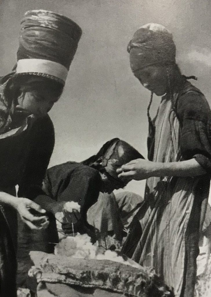 Fig. 17. Sorting Cotton. Soviet collective farm, Turkmenistan, 1938. The two women on the left are wearing the traditional tall headdress of married women.