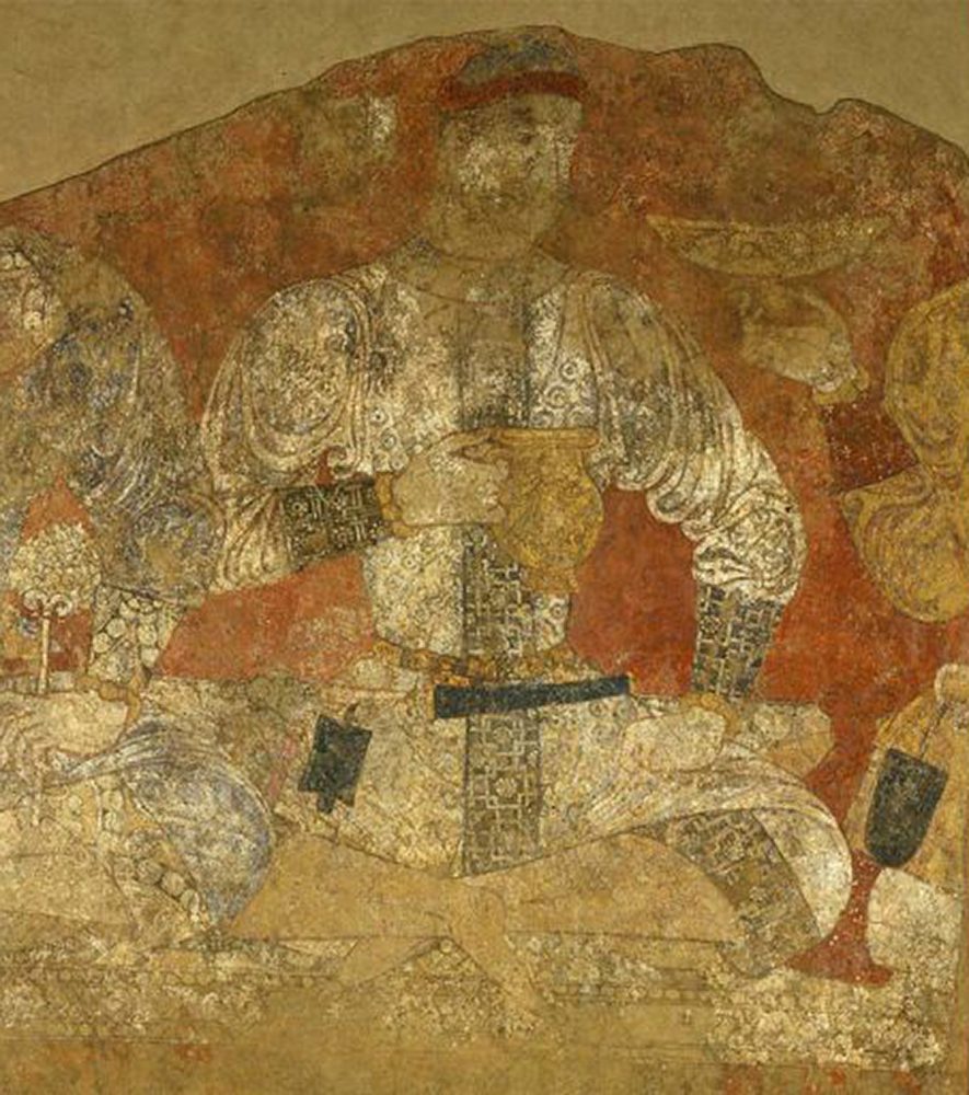 Fig. 3. Figure Holding Drinking Vessel, Sogdian Banqueters. Panjikent, Tajikistan (ancient Sogdiana), Site XVI:10, first half of 8th century AD. Wall painting; H. 136 × W. 364 cm. The State Hermitage Museum, St. Petersburg