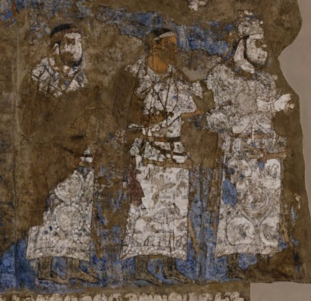 Fig. 5. Details of West Wall of the Hall of the Ambassadors. Afrasiab (old Samarkand), Uzbekistan (in ancient Sogdiana), Site XXIII:1, mid-7th century CE. Wall painting; H. 3.4 × W. 11.52 m. Afrasiab Museum.